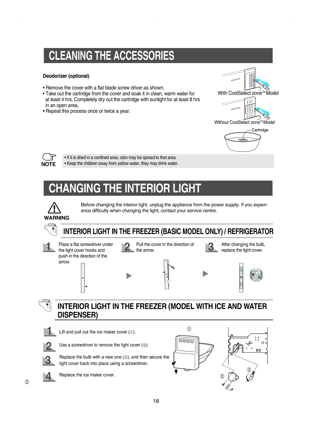 Samsung RS23FESW owner manual Changing the Interior Light, Deodorizer optional 