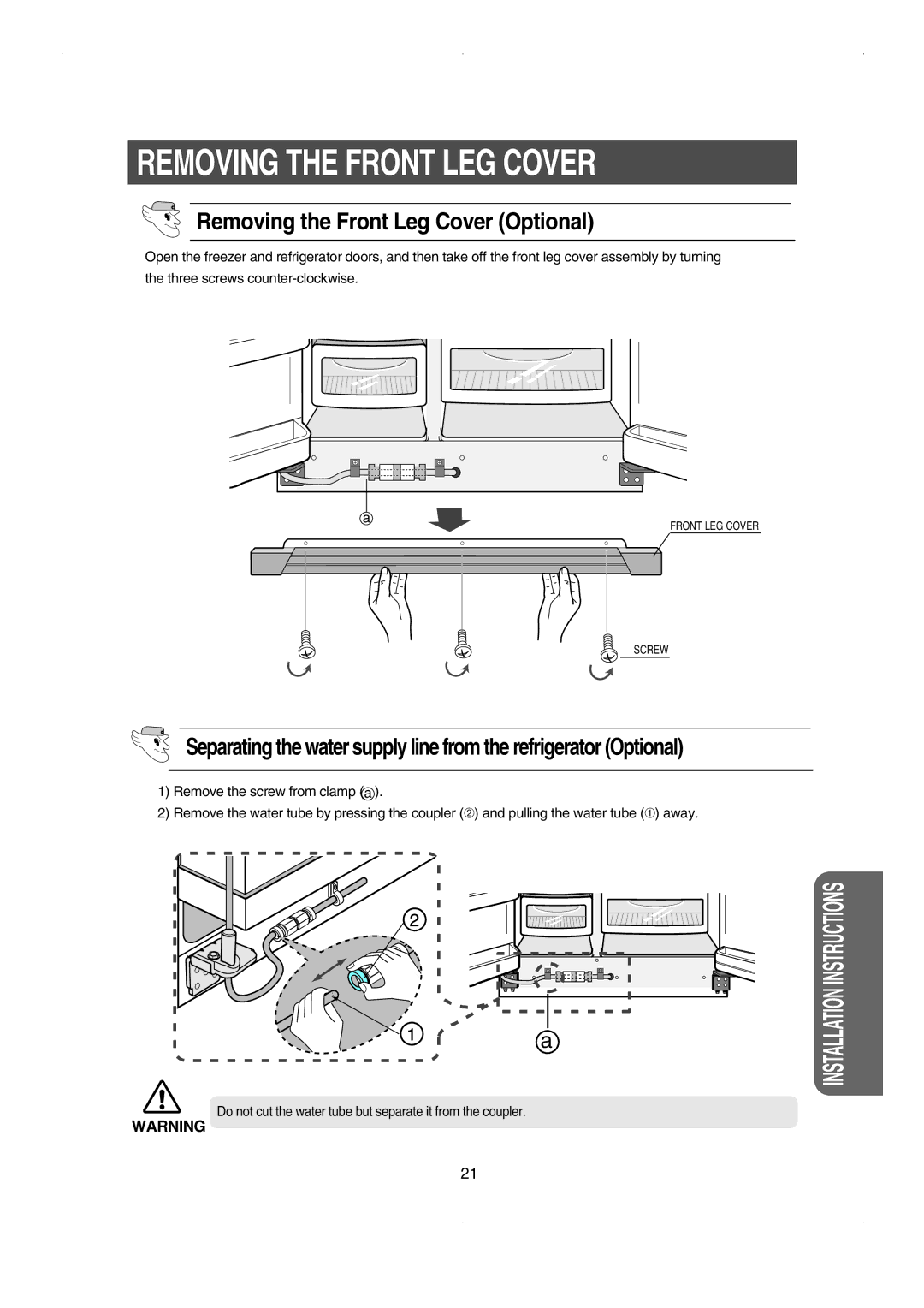 Samsung RS23FESW owner manual Removing the Front LEG Cover, Removing the Front Leg Cover Optional 