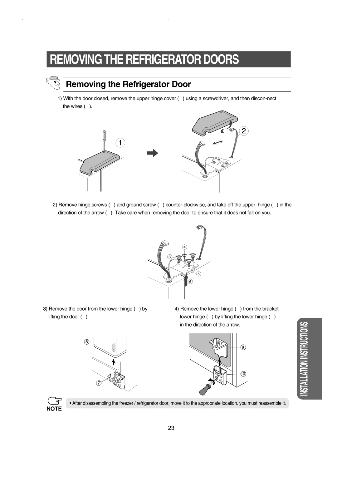 Samsung RS23FESW owner manual Removing the Refrigerator Door 