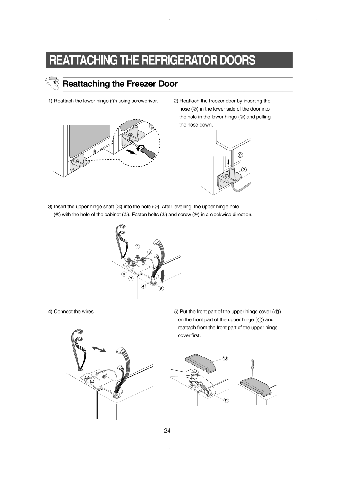 Samsung RS23FESW owner manual Reattaching the Refrigerator Doors, Reattaching the Freezer Door 