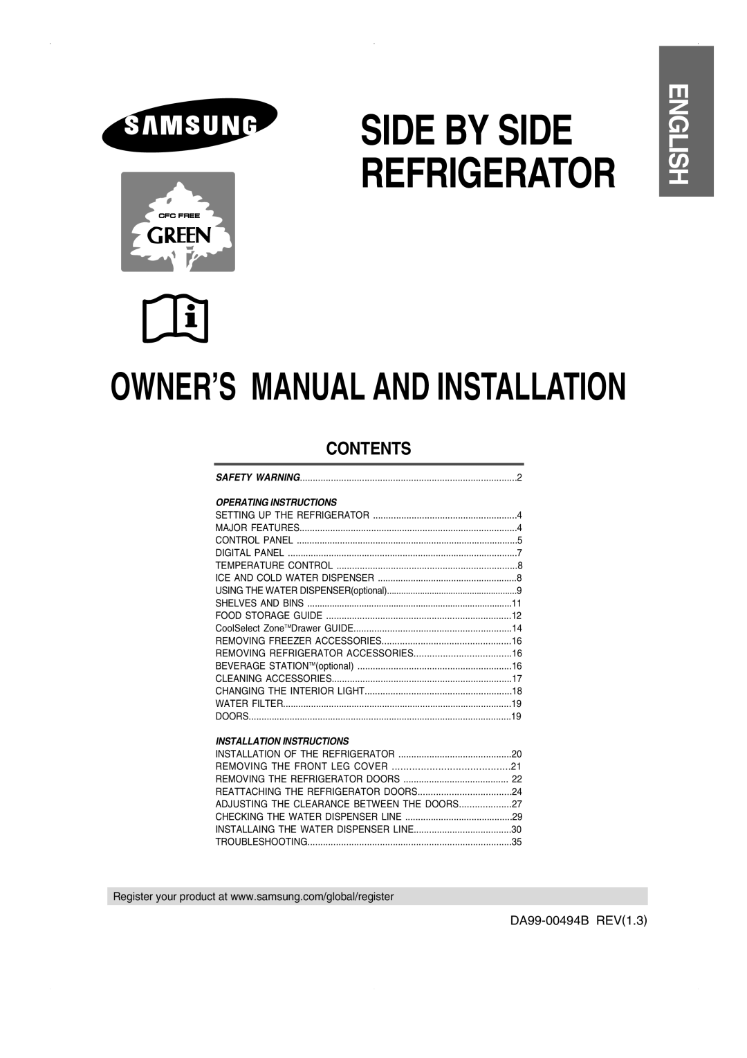 Samsung RS23FESW owner manual English, Contents, Side By Side, Refrigerator, Operating Instructions 