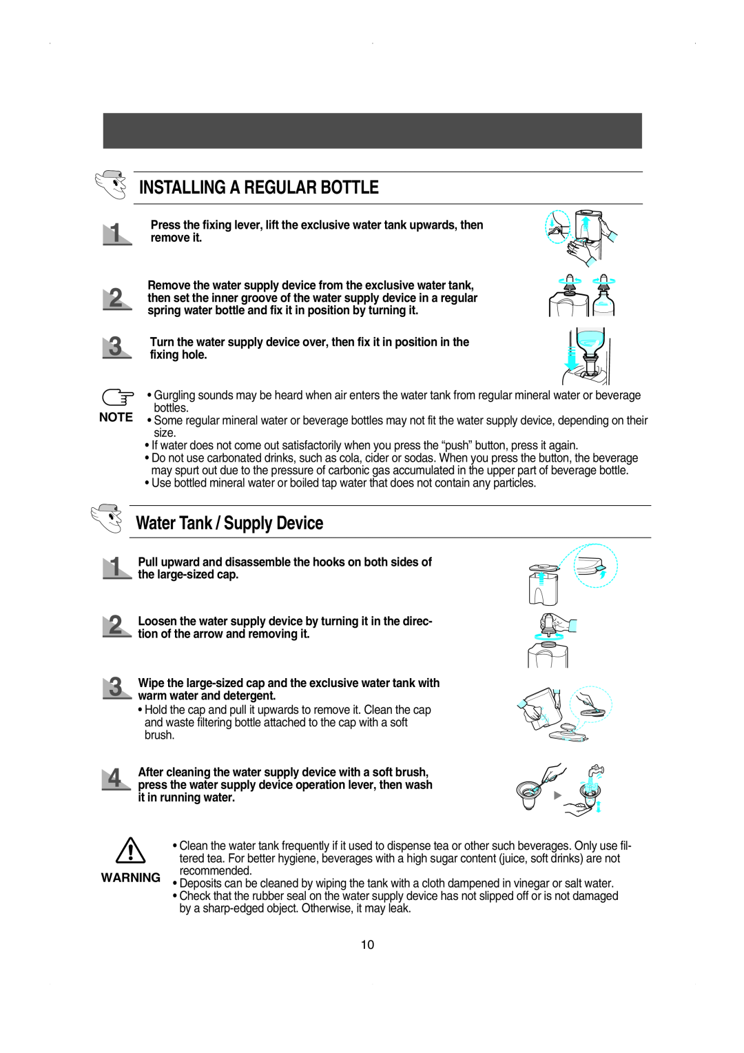 Samsung RS23FESW owner manual Installing A Regular Bottle, Water Tank / Supply Device 