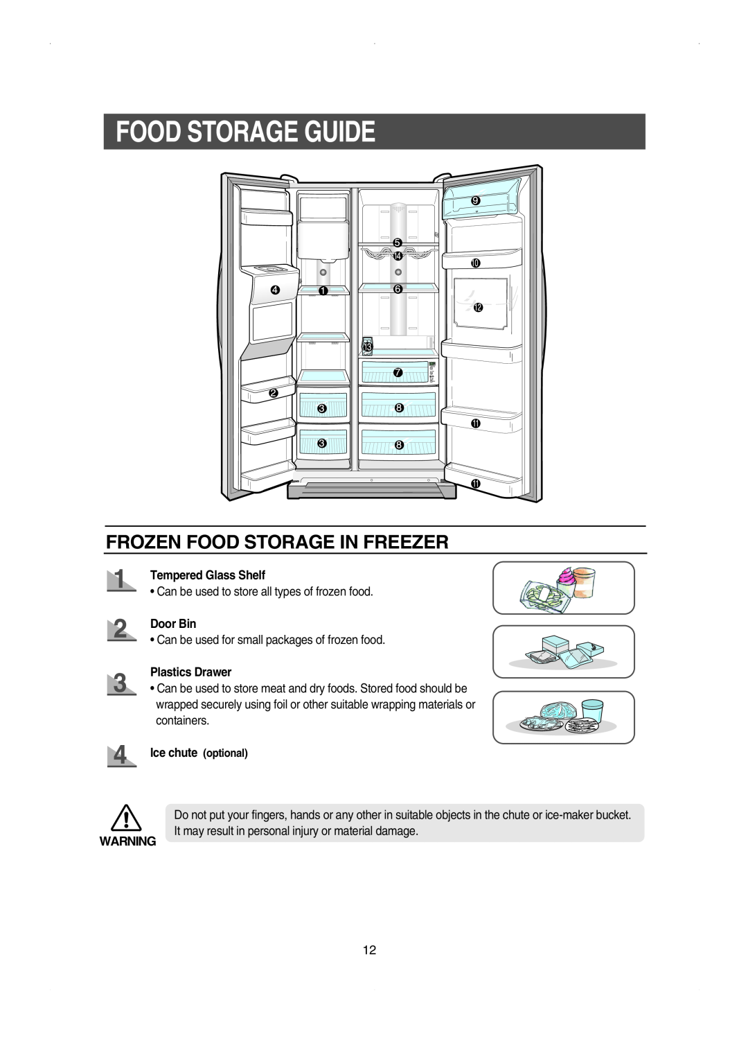 Samsung RS23FESW Food Storage Guide, Frozen Food Storage In Freezer, Tempered Glass Shelf, Door Bin, Plastics Drawer 
