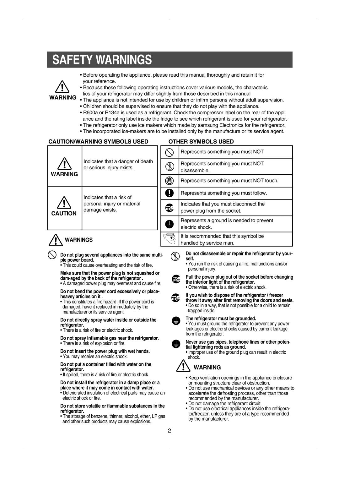 Samsung RS23FESW owner manual Safety Warnings, Caution/Warning Symbols Used, Other Symbols Used 