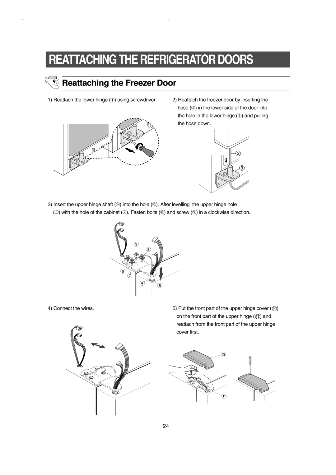 Samsung RS23FESW owner manual Reattaching The Refrigerator Doors, Reattaching the Freezer Door 