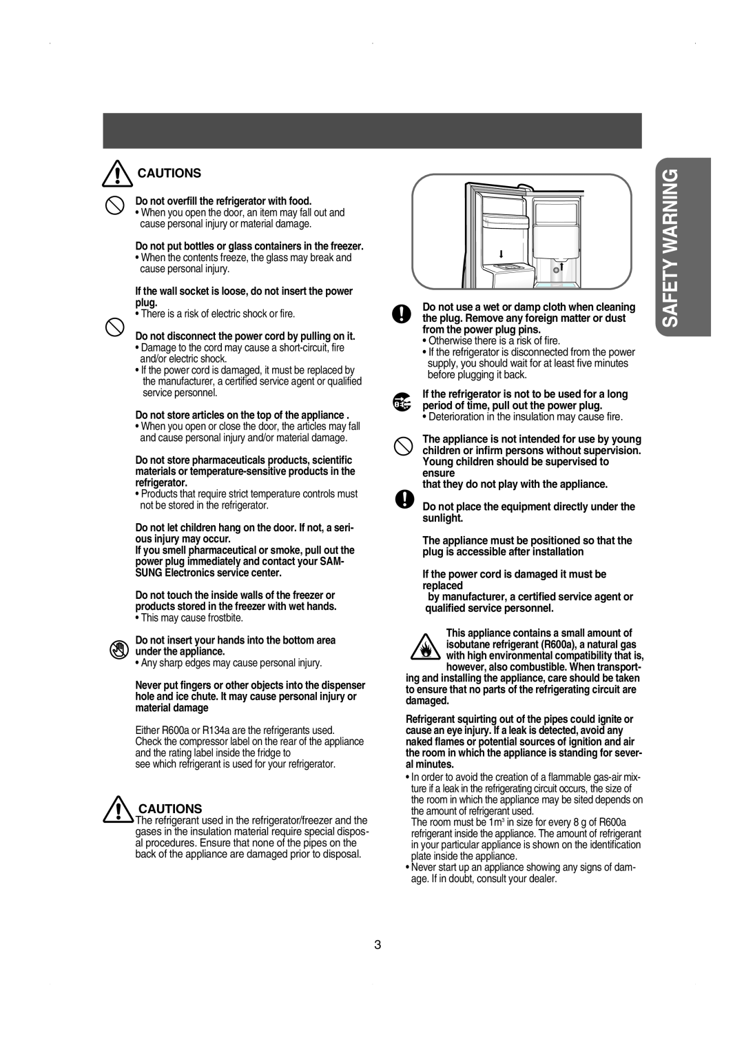 Samsung RS23FESW owner manual Cautions, Safety Warning 