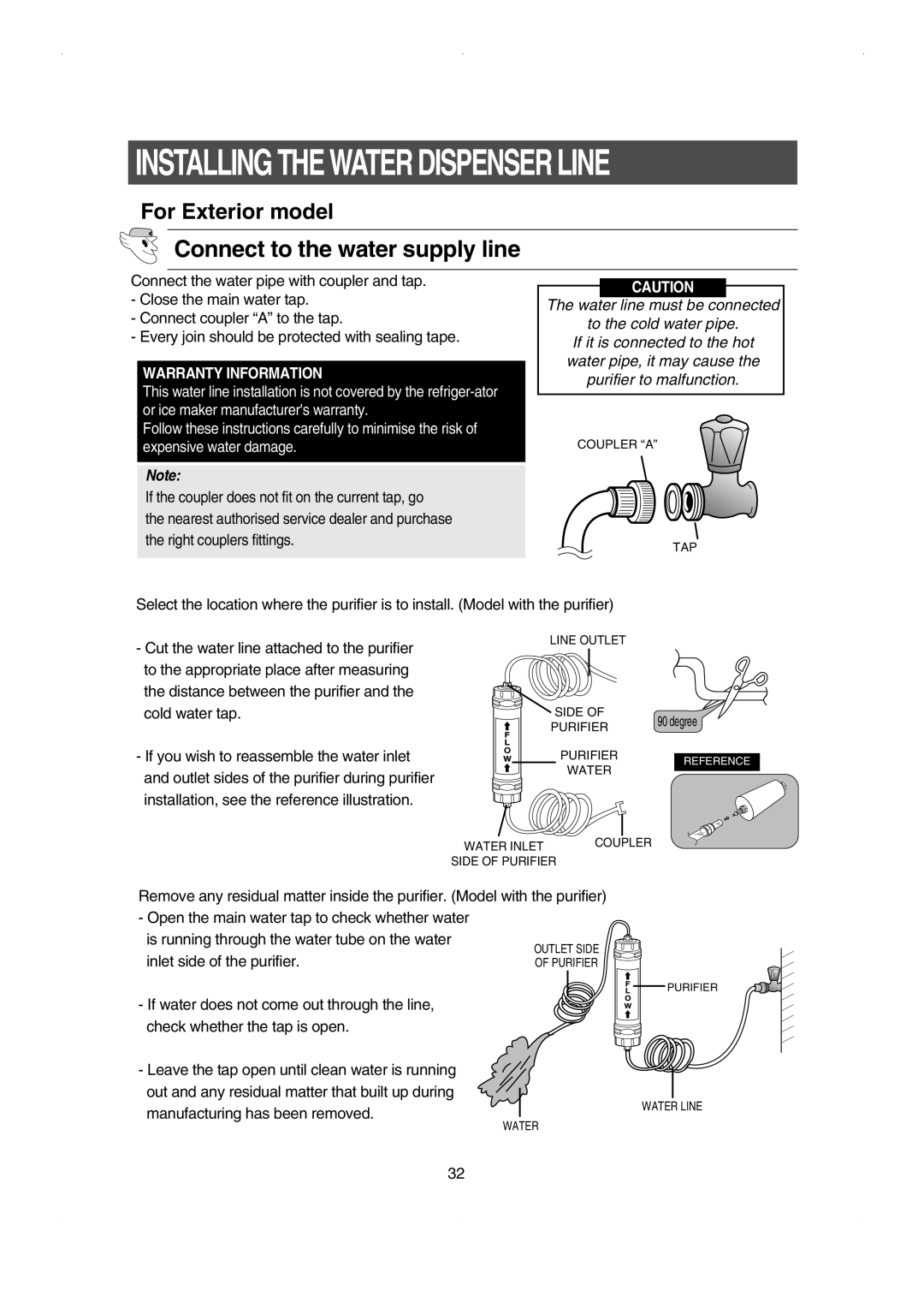 Samsung RS23FESW owner manual Connect to the water supply line, For Exterior model, Installing The Water Dispenser Line 