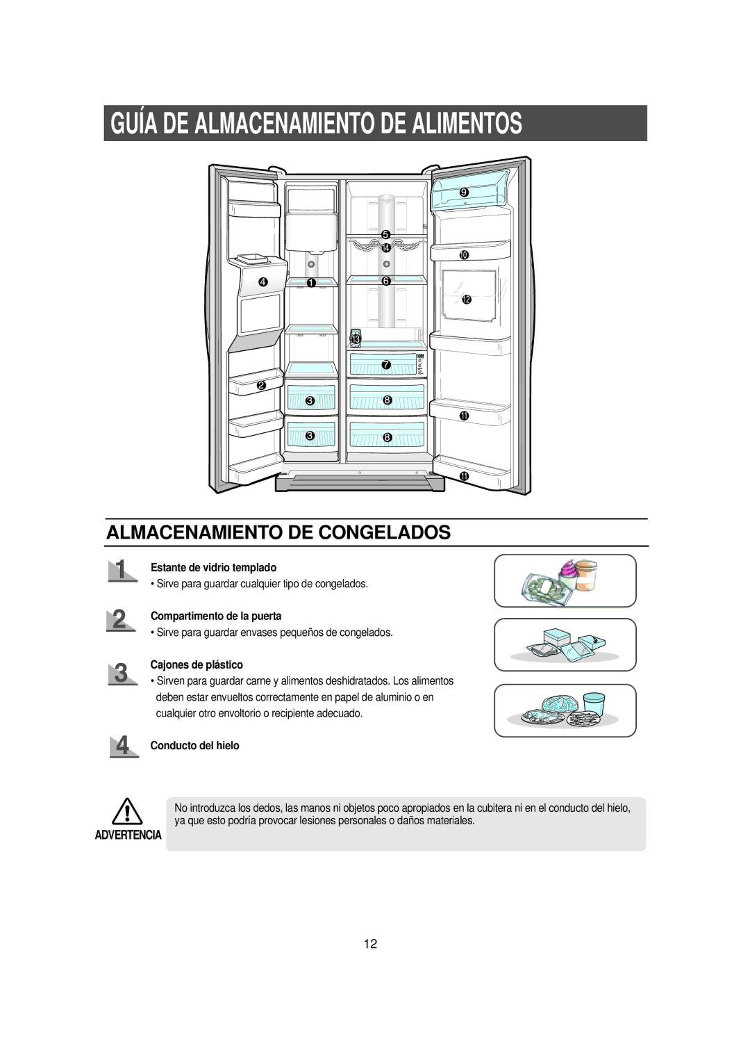 Samsung RS23FGRS1/DOR manual Almacenamiento DE Congelados, Estante de vidrio templado, Compartimento de la puerta 