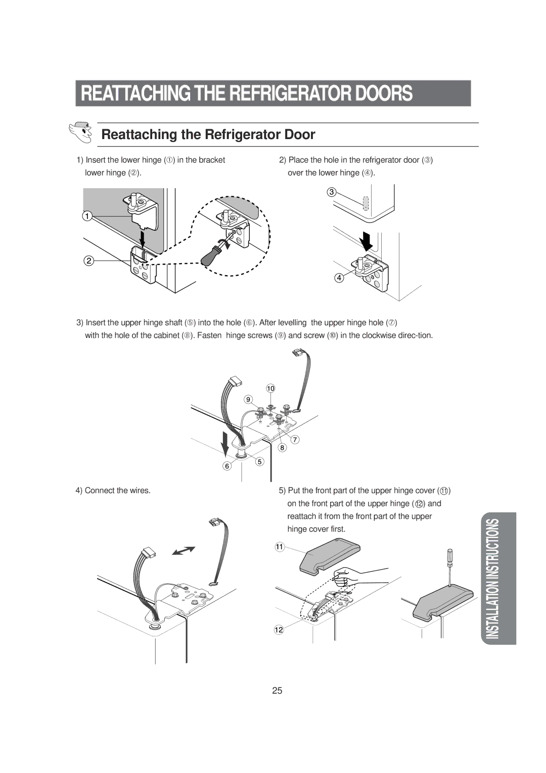 Samsung RS21KLSG2/XSV, RS23FGRS1/XET, RS23DASW1/FAL, RS21KLSGA/XSV, RS21KLLB1/XSH manual Reattaching the Refrigerator Door 