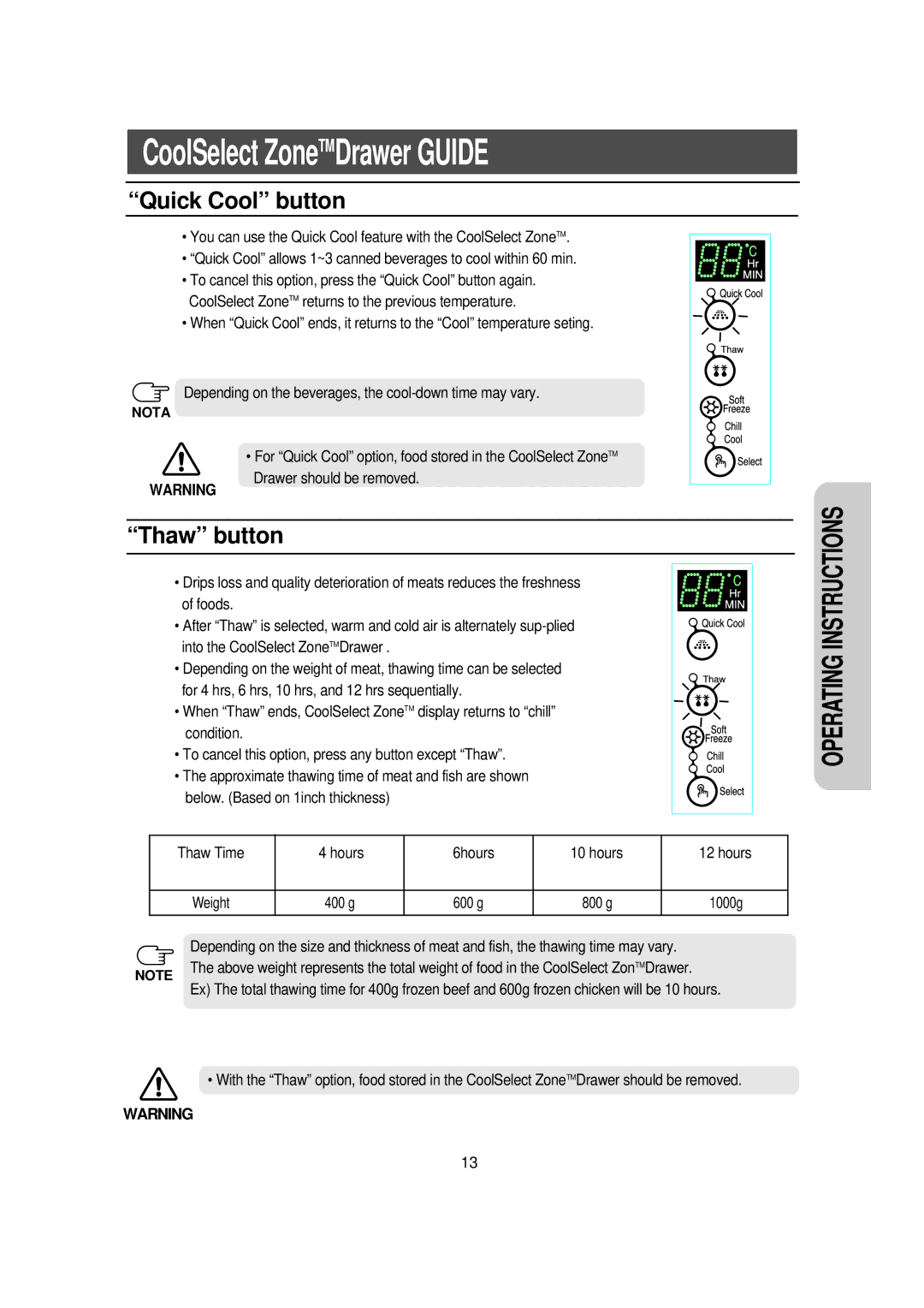 Samsung RS23FCMS1/EUT, RS23FKMS1/BUL manual Quick Cool button, Thaw button, 600 g 