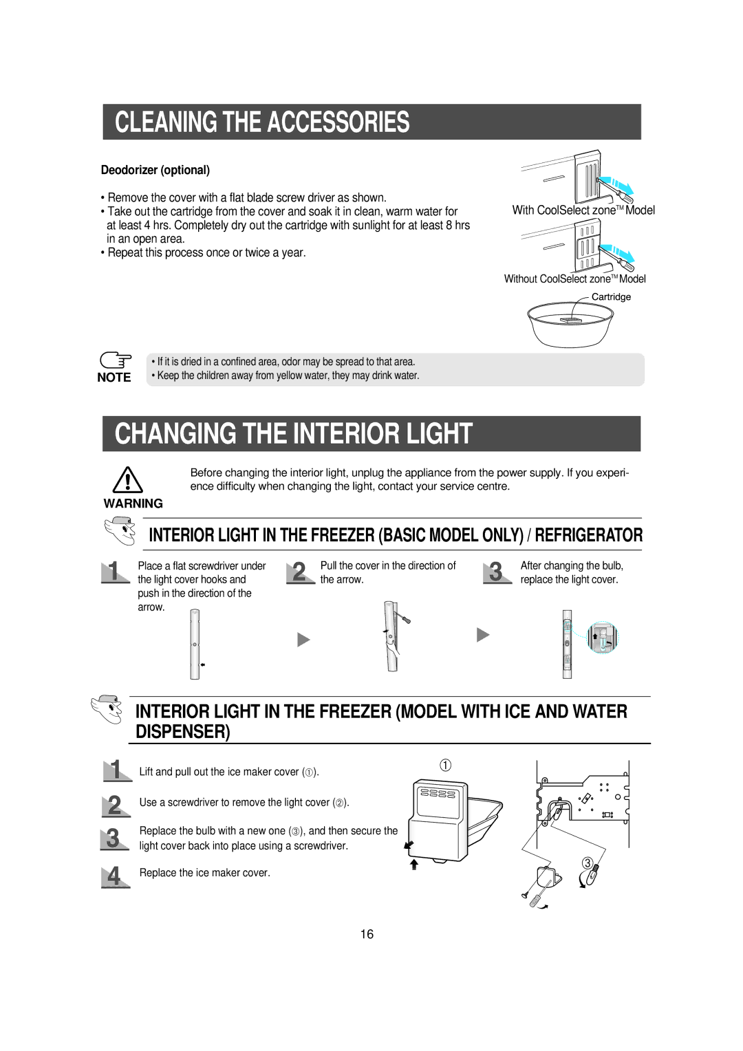 Samsung RS23FKMS1/BUL, RS23FCMS1/EUT Changing the Interior Light, Deodorizer optional, Without CoolSelect zoneTM Model 