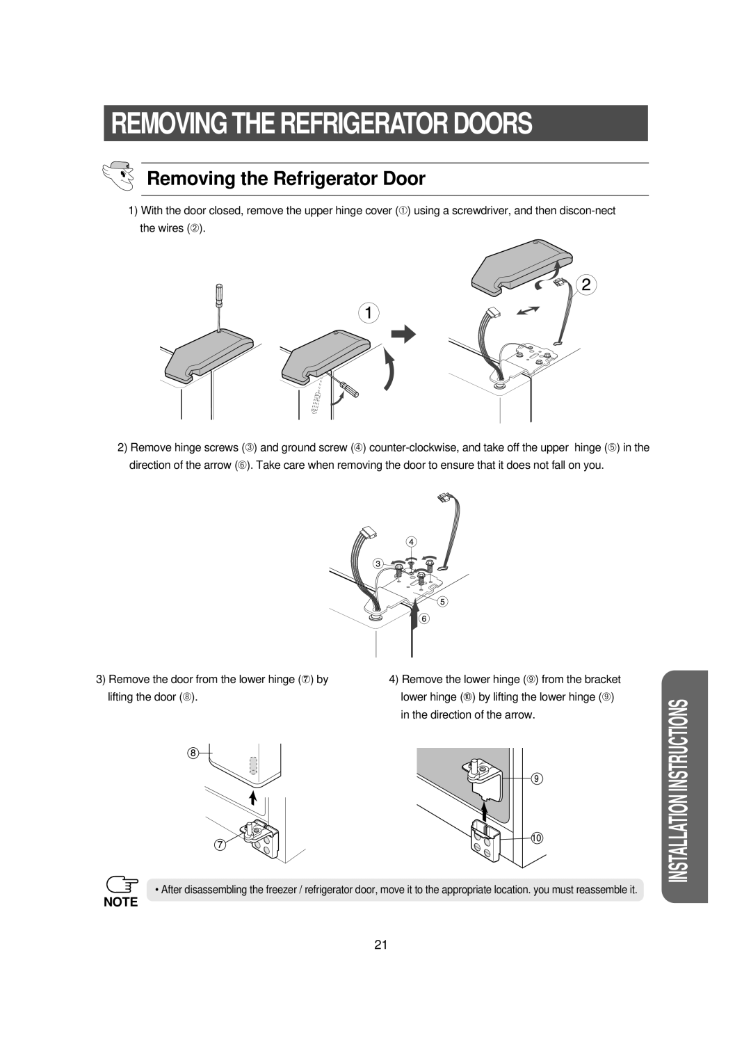 Samsung RS23FCMS1/EUT, RS23FKMS1/BUL manual Removing the Refrigerator Door 