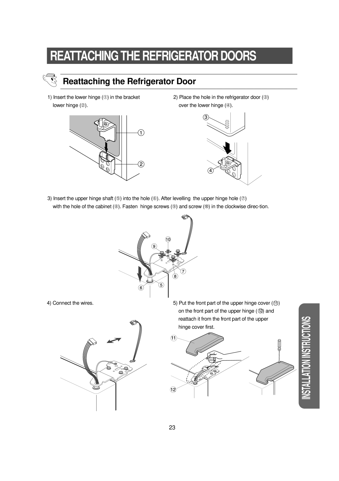 Samsung RS23FCMS1/EUT Reattaching the Refrigerator Door, Reattach it from the front part of the upper, Hinge cover first 