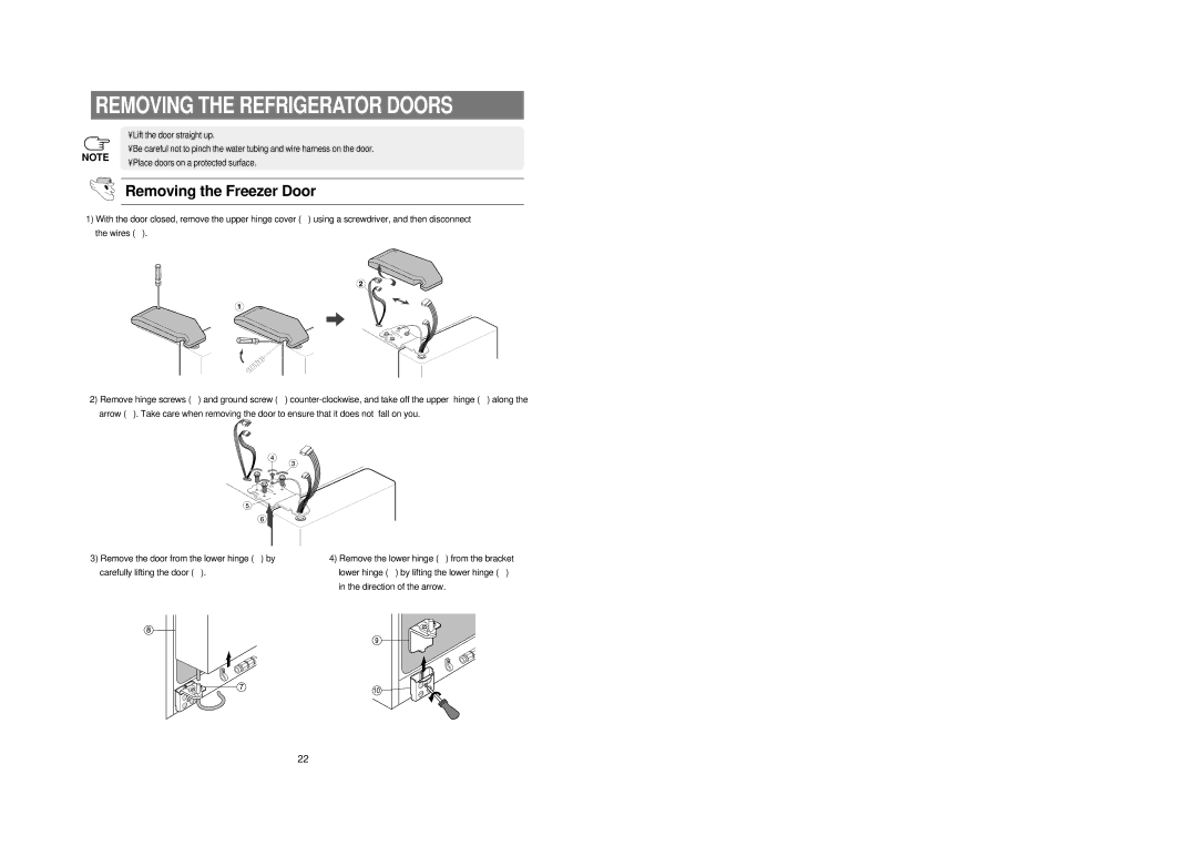 Samsung RS23FKSM1/BUL, RS23FKSW1/BUL, RS21FCSM1/BUL manual Removing the Refrigerator Doors, Removing the Freezer Door 