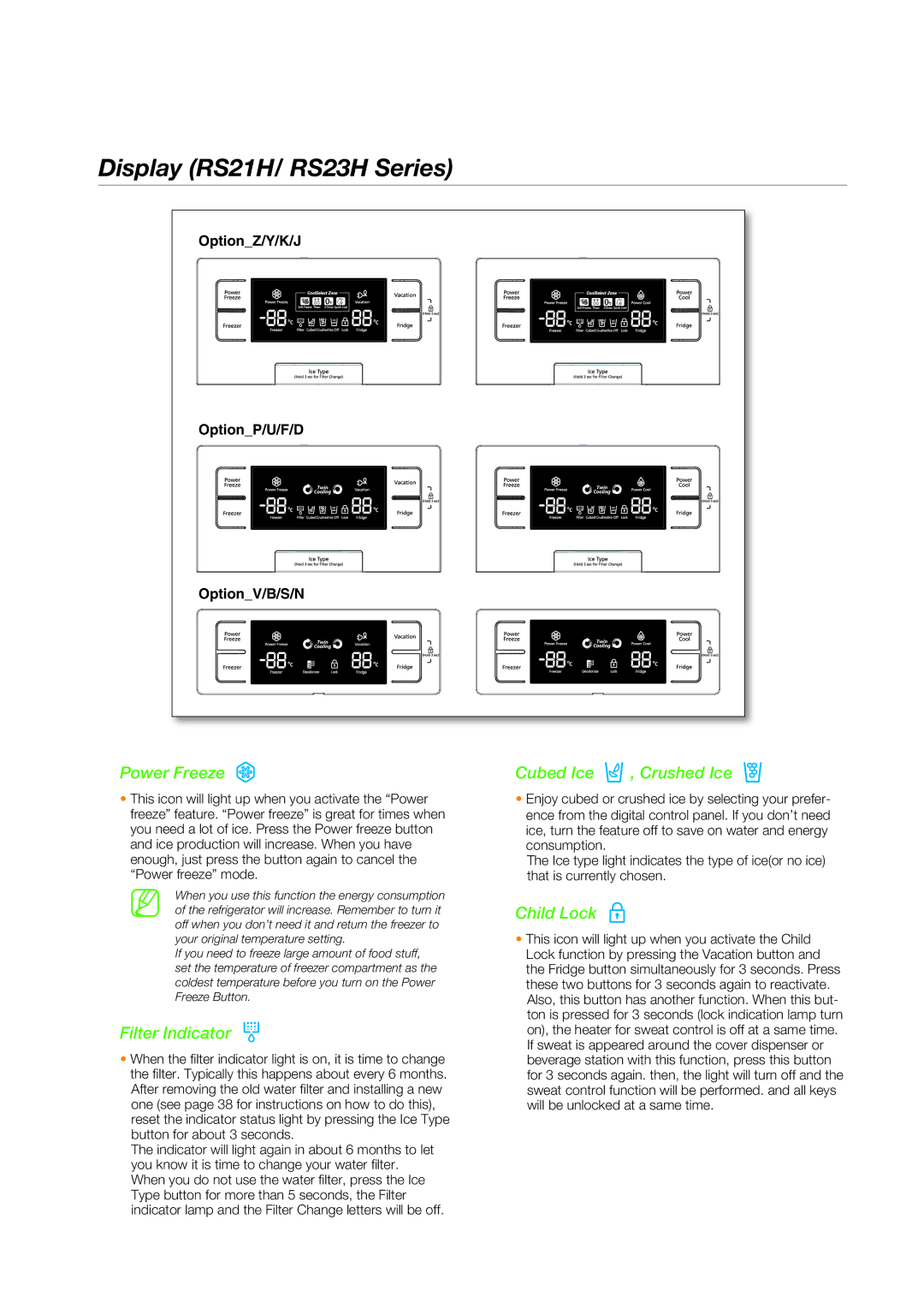 Samsung SRS600HNP quick start Display RS21H/ RS23H Series, Power Freeze 