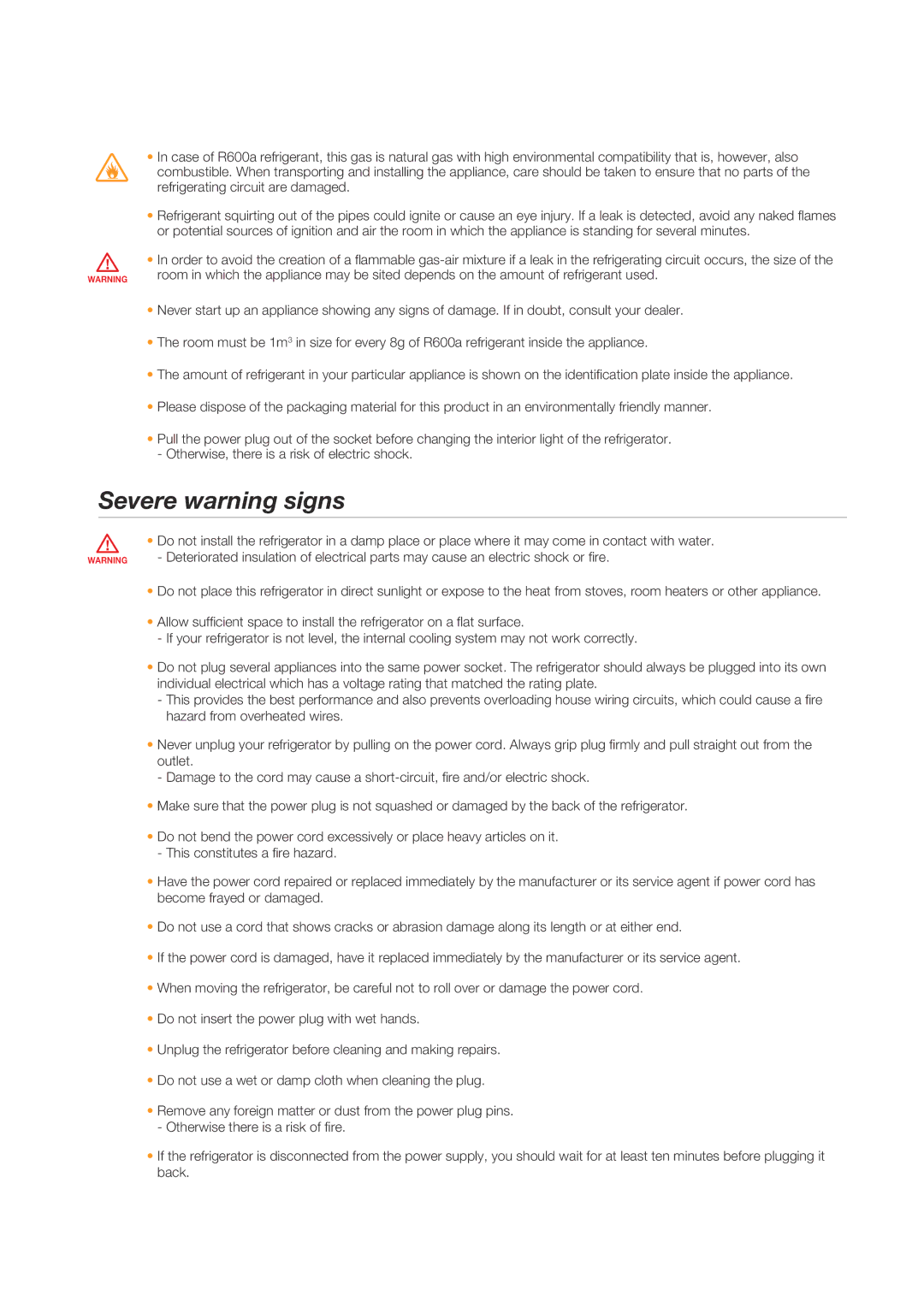 Samsung RS23H, RS21H, SRS600HNP quick start Severe warning signs 