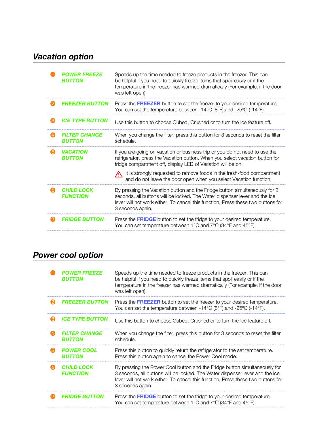 Samsung RS23H, RS21H, SRS600HNP quick start Vacation option, Power cool option 