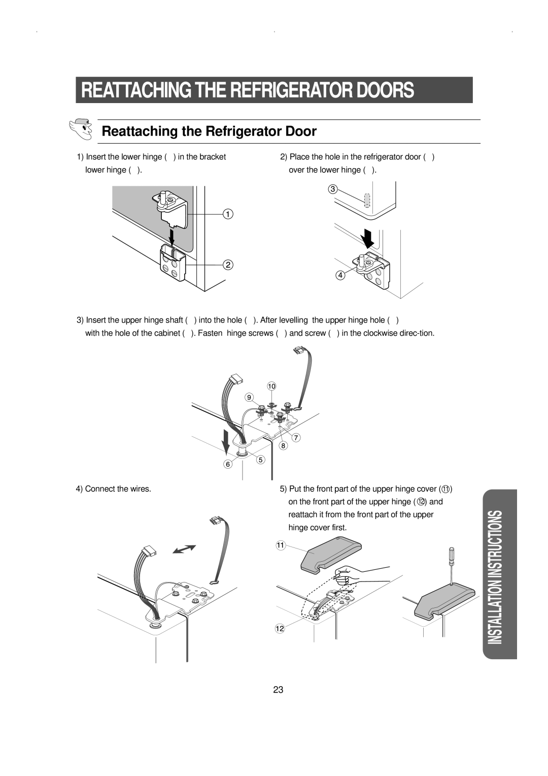 Samsung RS23KCSW Reattaching the Refrigerator Door, Reattach it from the front part of the upper, Hinge cover first 