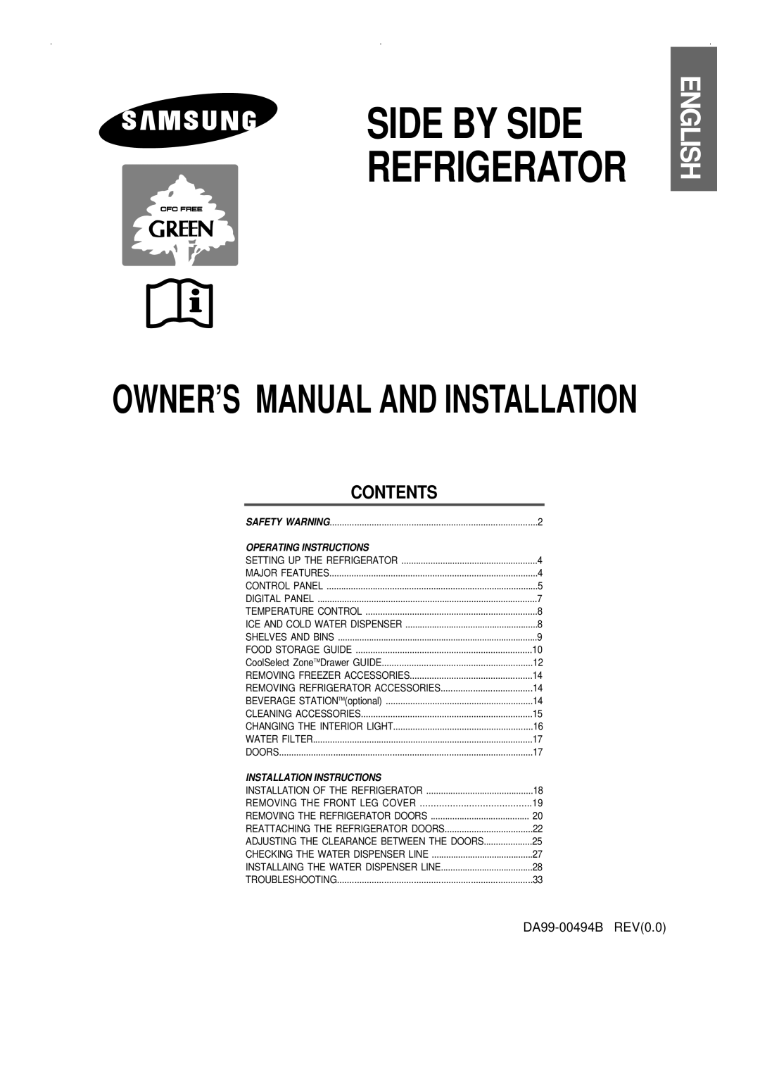 Samsung RS23KCSW owner manual English, Contents, Side By Side, Refrigerator, Operating Instructions 