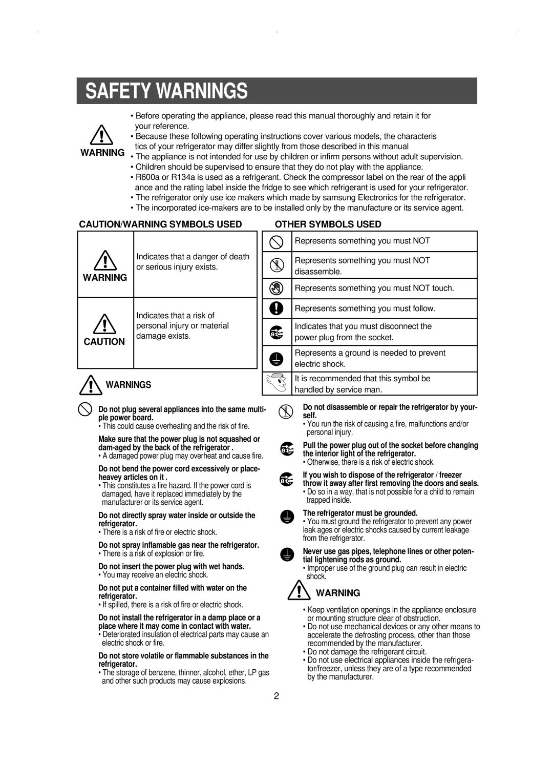 Samsung RS23KCSW owner manual Safety Warnings, Caution/Warning Symbols Used, Other Symbols Used 