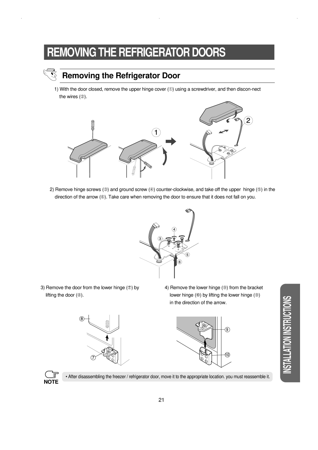 Samsung RS23KCSW owner manual Removing the Refrigerator Door, Removing The Refrigerator Doors, Installation Instructions 