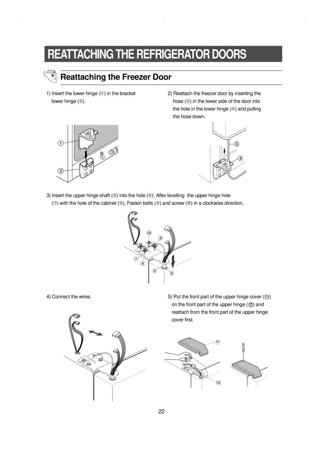 Samsung RS23KCSW owner manual Reattaching The Refrigerator Doors, Reattaching the Freezer Door 