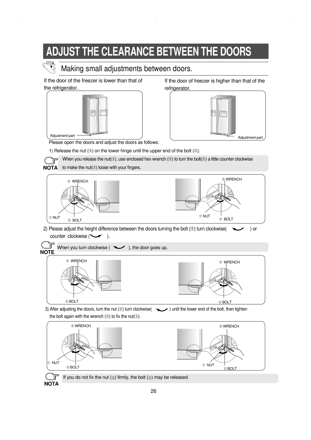 Samsung RS23KCSW owner manual Nota, Adjust The Clearance Between The Doors, Making small adjustments between doors 