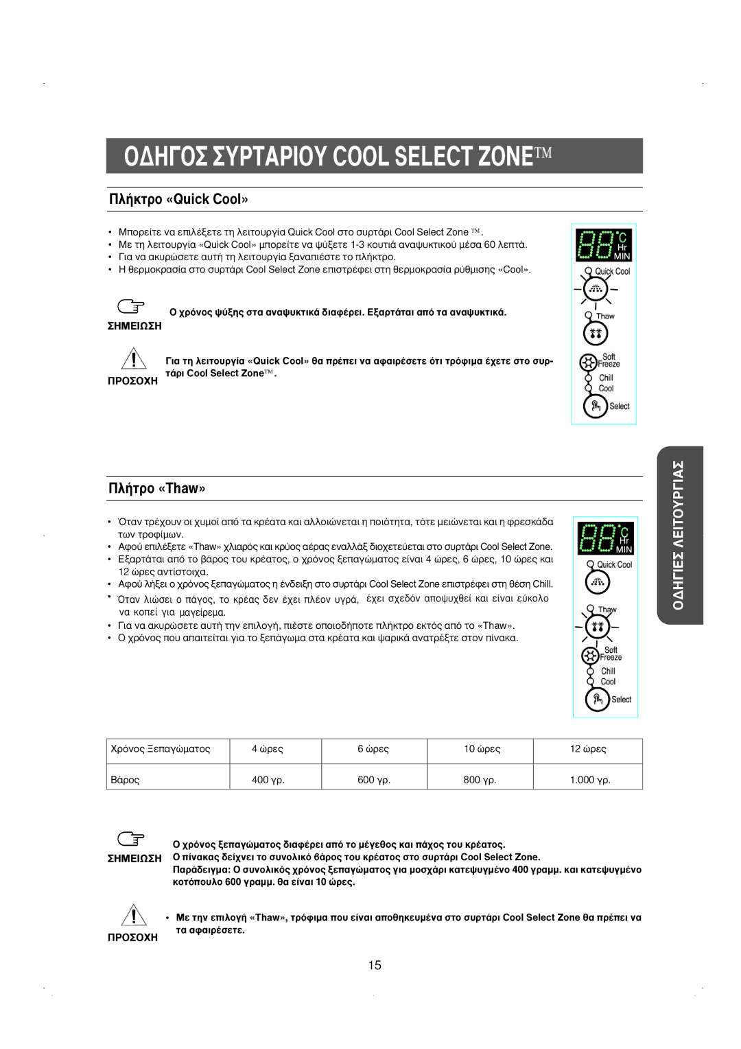 Samsung RS23DKNS1/EUR, RS23KKSW1/EUR, RS23DCNS1/EUR, RS23KGRS1/EUR manual ¶Ï‹ÎÙÚÔ «Quick Cool», ¶Ï‹ÙÚÔ «Thaw» 