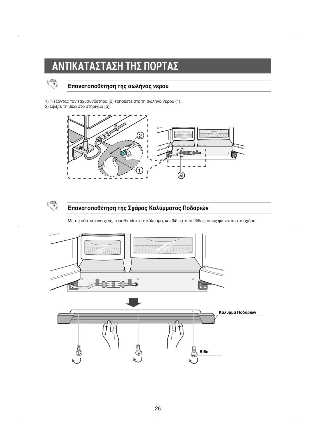 Samsung RS23KGRS1/EUR, RS23KKSW1/EUR manual ∂·Ó·ÙÔÔı¤ÙËÛË ÙË˜ ÛˆÏ‹Ó·˜ ÓÂÚÔ‡, ∂·Ó·ÙÔÔı¤ÙËÛË ÙË˜ ¯¿Ú·˜ ·Ï‡ÌÌ·ÙÔ˜ ¶Ô‰·ÚÈÒÓ 