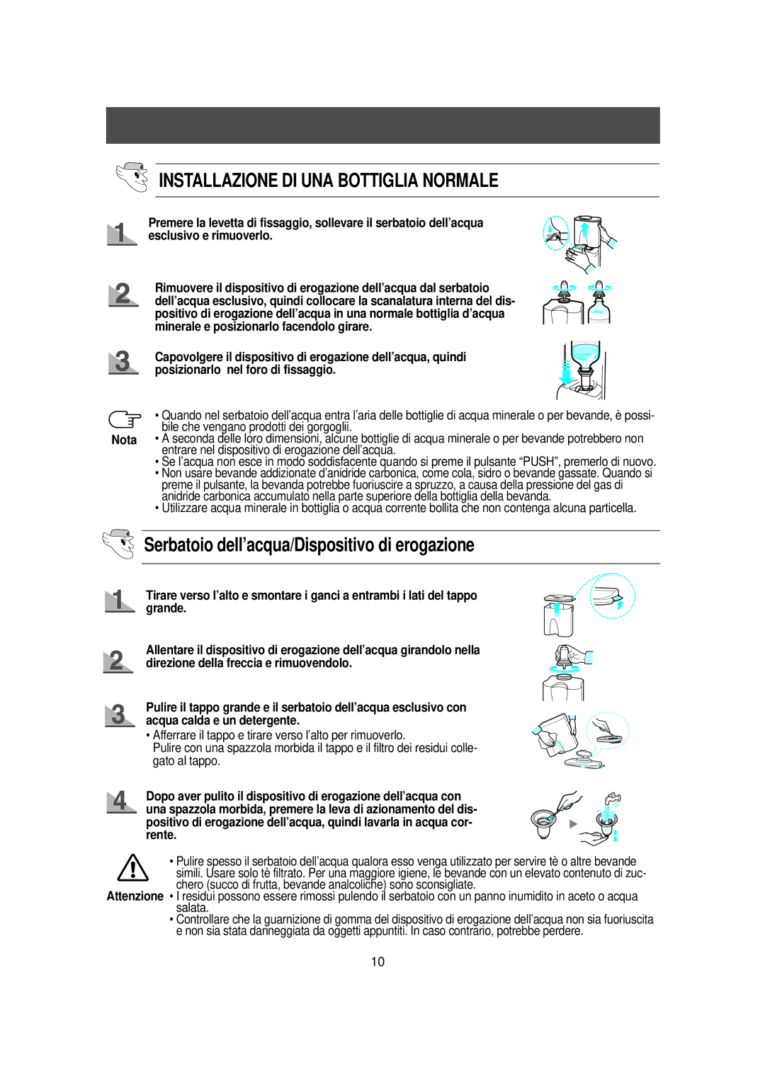 Samsung RS23NAMS1/XET manual Installazione DI UNA Bottiglia Normale, Serbatoio dell’acqua/Dispositivo di erogazione 