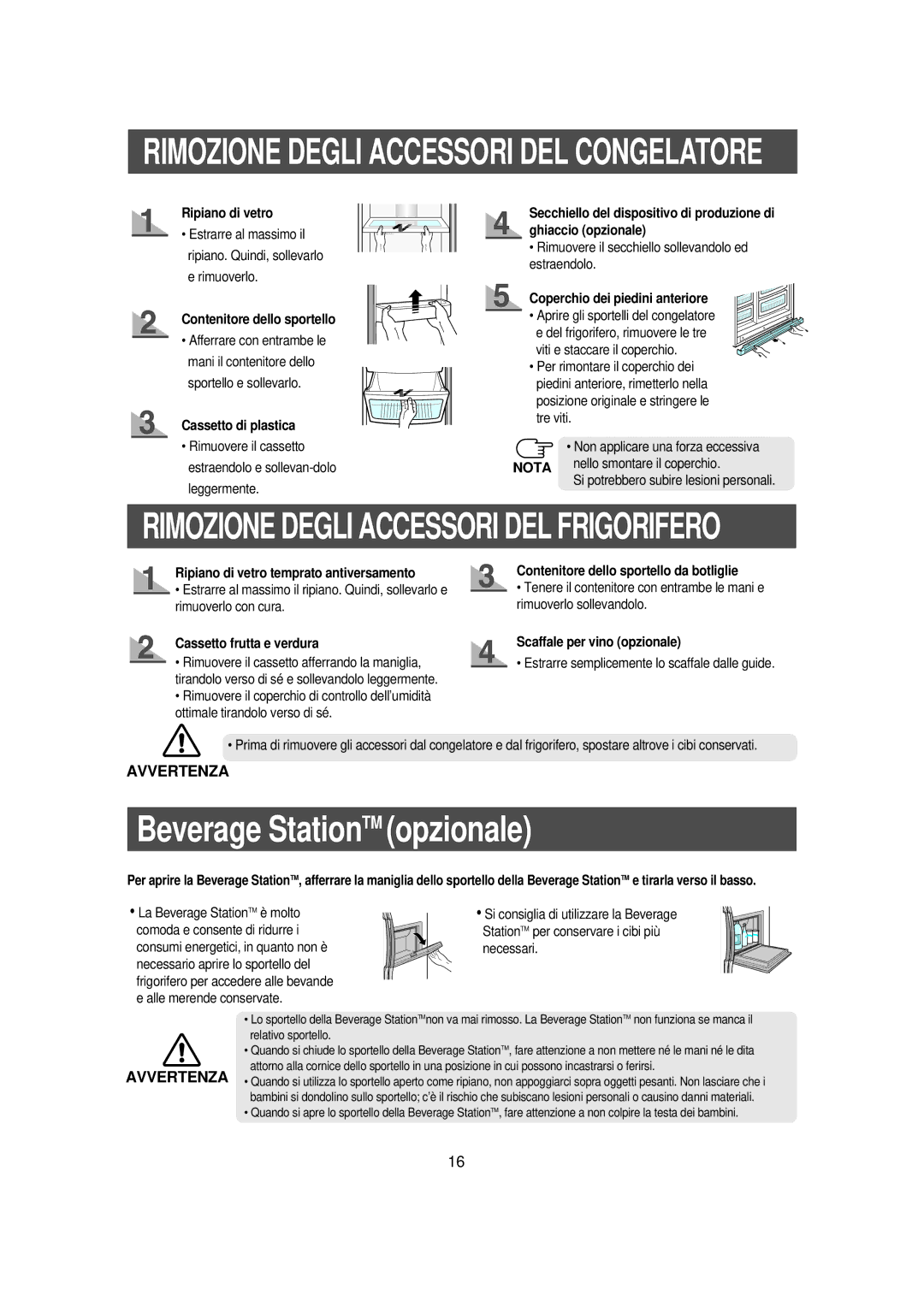 Samsung RS23NAMS1/XET manual Ripiano di vetro, Coperchio dei piedini anteriore, Cassetto frutta e verdura 