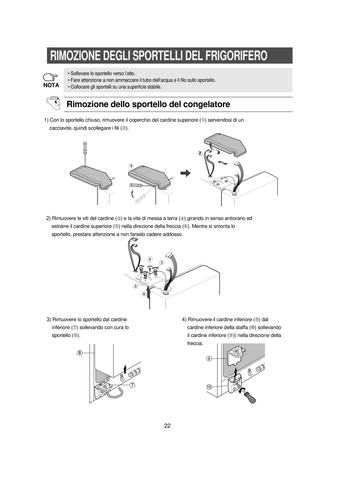 Samsung RS23NAMS1/XET manual Rimozione dello sportello del congelatore, Sollevare lo sportello verso l’alto 