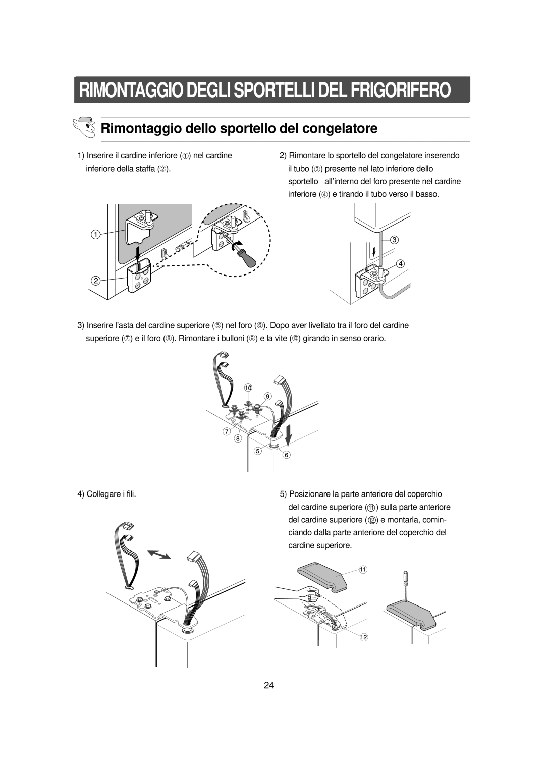 Samsung RS23NAMS1/XET manual Rimontaggio dello sportello del congelatore, Collegare i fili, Cardine superiore 