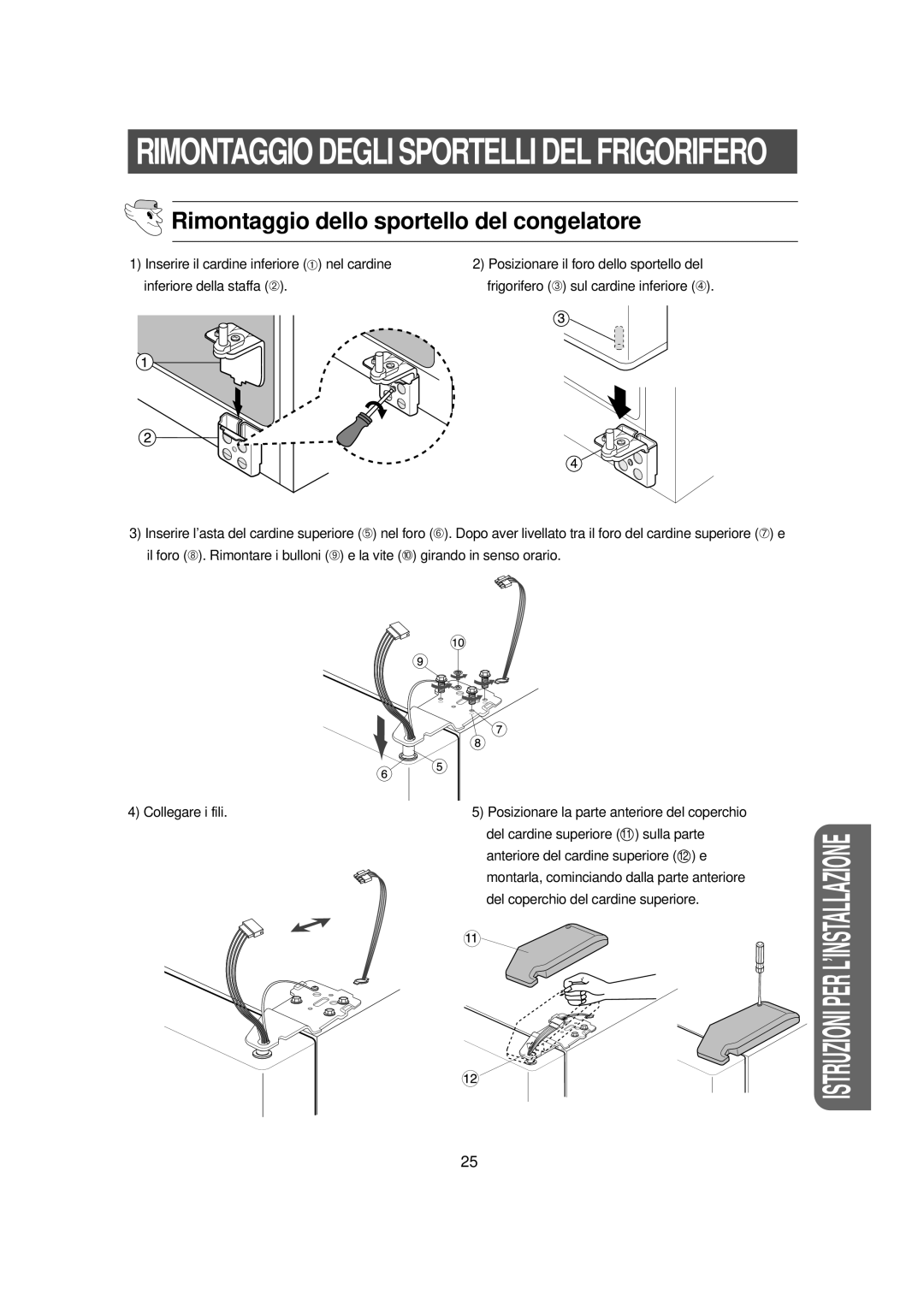 Samsung RS23NAMS1/XET manual Del cardine superiore 11 sulla parte, Anteriore del cardine superiore 12 e 