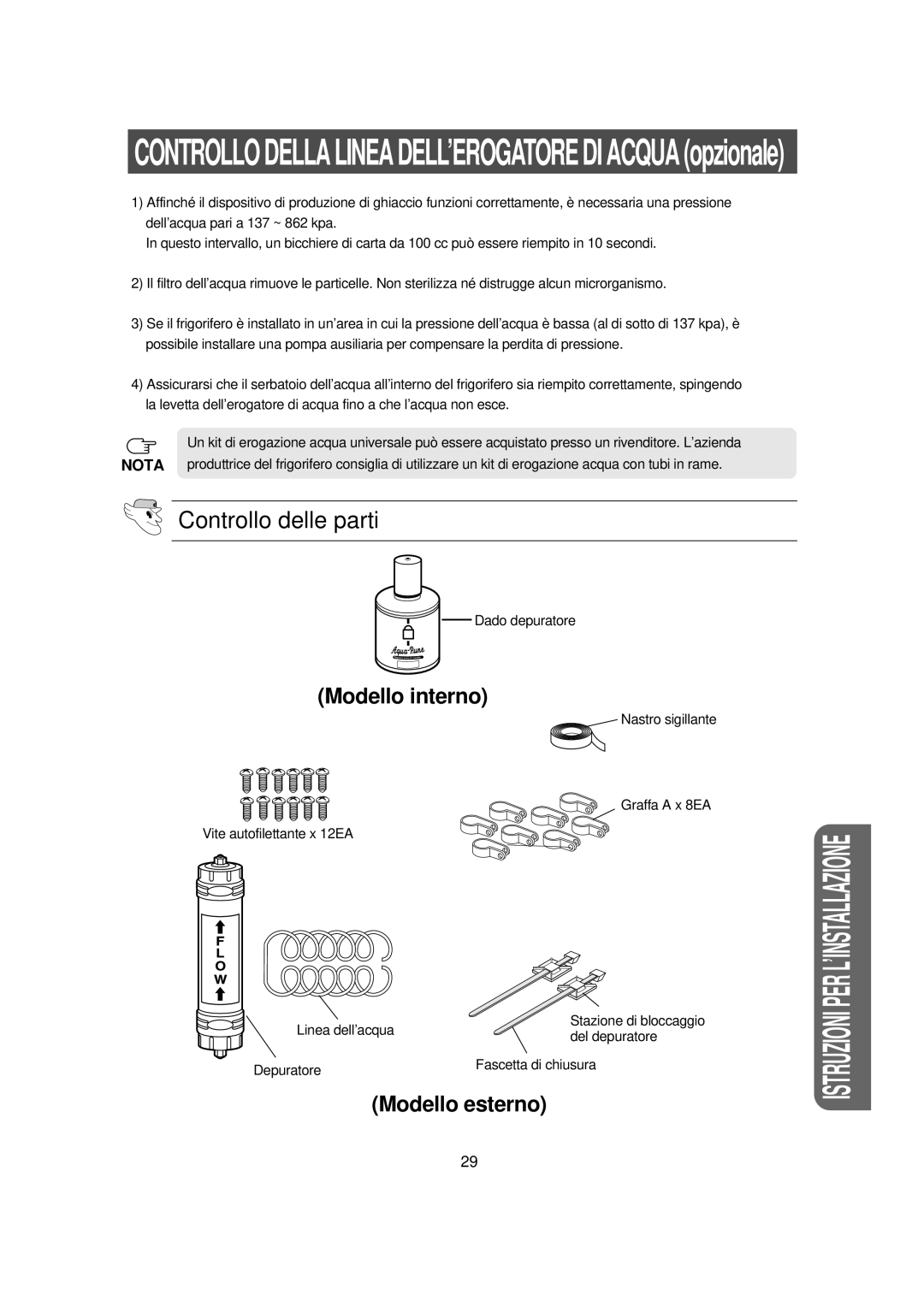 Samsung RS23NAMS1/XET manual Dado depuratore, Del depuratore, Depuratore Fascetta di chiusura 