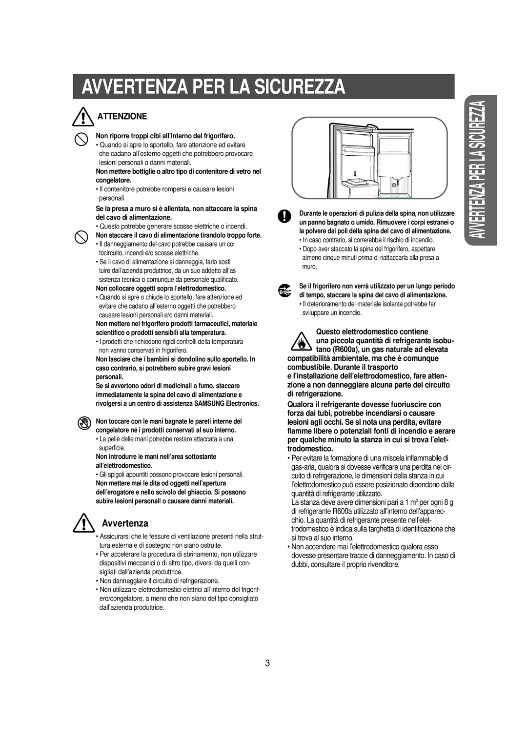 Samsung RS23NAMS1/XET manual Avvertenza PER LA Sicurezza, Questo elettrodomestico contiene 