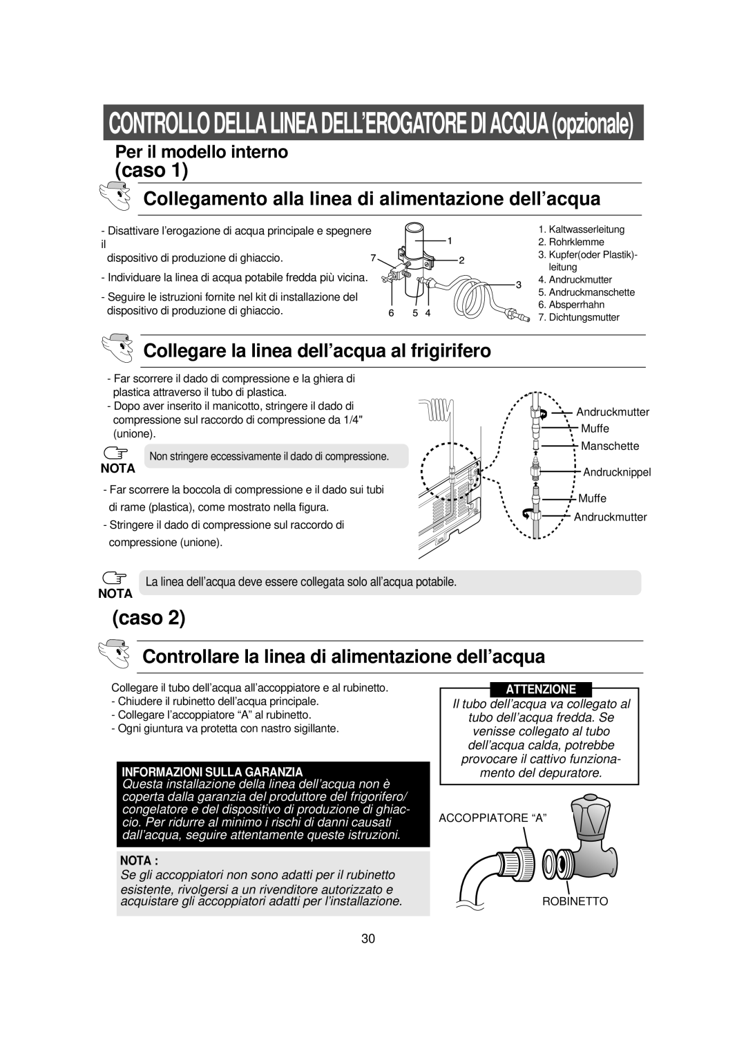 Samsung RS23NAMS1/XET Collegamento alla linea di alimentazione dell’acqua, Collegare la linea dell’acqua al frigirifero 