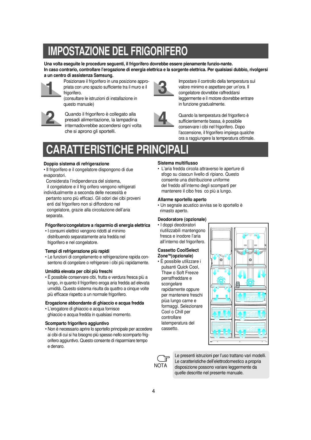 Samsung RS23NAMS1/XET manual Impostazione DEL Frigorifero, Caratteristiche Principali 