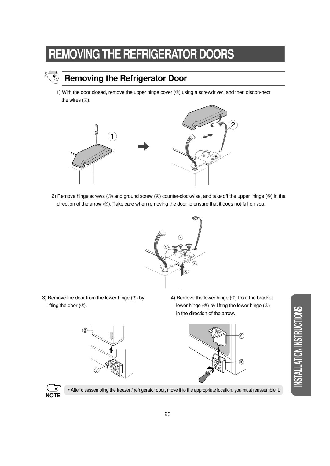 Samsung RS23NAMS1/XET manual Removing the Refrigerator Door 