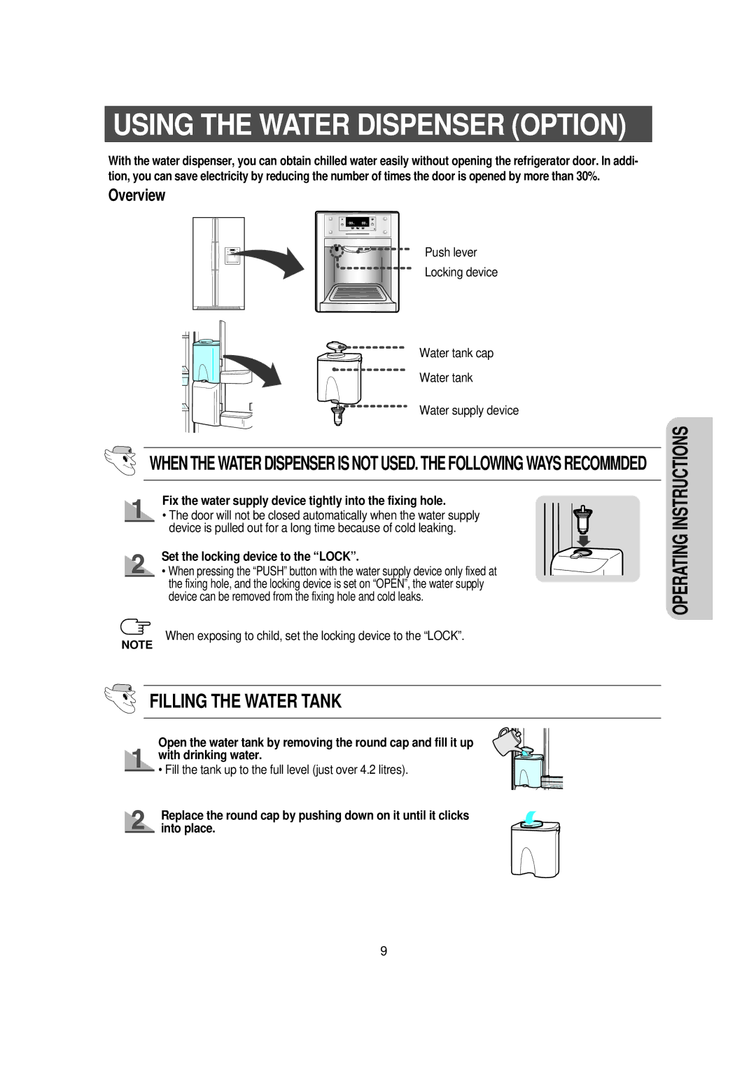 Samsung RS23NAMS1/XET manual Fix the water supply device tightly into the fixing hole, Set the locking device to the Lock 