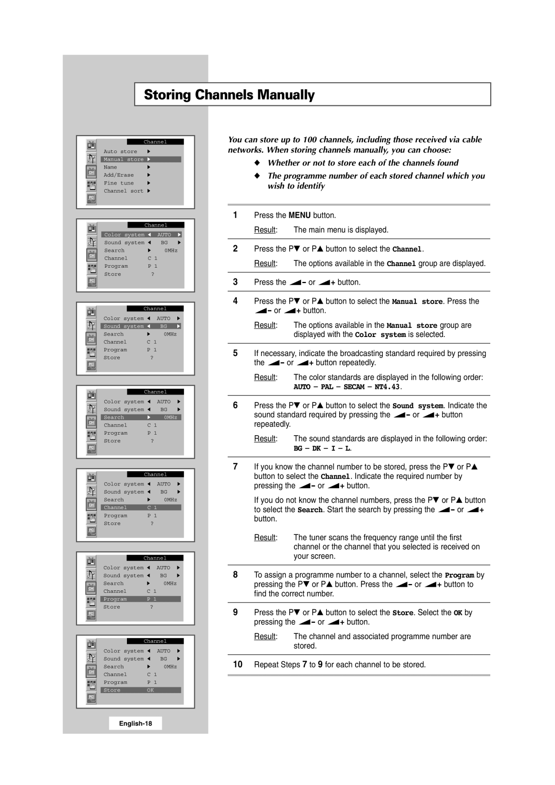 Samsung 241MP, RS24ASSSW/EDC, RS24ASSSW/XEU, RS24ASSOW/EDC manual Storing Channels Manually, Auto PAL Secam NT4.43, Bg Dk I L 