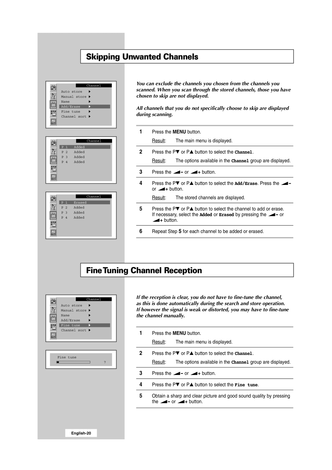 Samsung RS24ASSSW/EDC, RS24ASSSW/XEU, 241MP, RS24ASSOW/EDC manual Skipping Unwanted Channels, FineTuning Channel Reception 