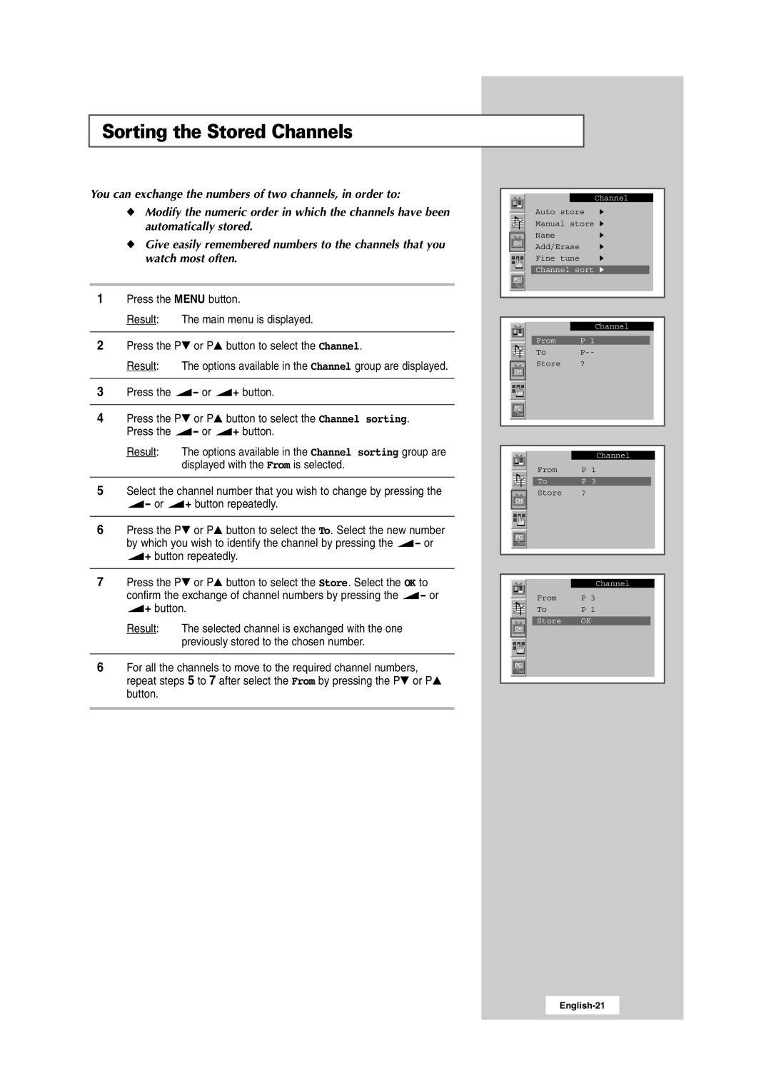 Samsung RS24ASSSW/XEU, RS24ASSSW/EDC, 241MP, RS24ASSOW/EDC manual Sorting the Stored Channels 