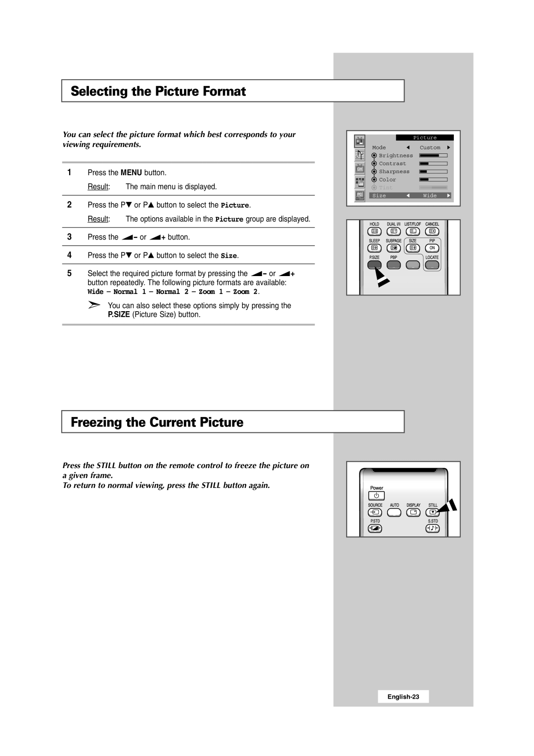 Samsung RS24ASSOW/EDC manual Selecting the Picture Format, Freezing the Current Picture, Wide Normal 1 Normal 2 Zoom 1 Zoom 