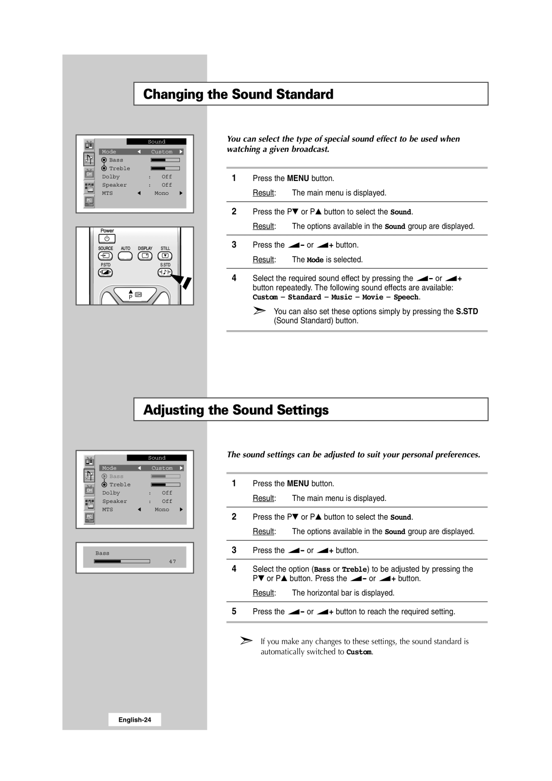 Samsung RS24ASSSW/EDC, 241MP Changing the Sound Standard, Adjusting the Sound Settings, Custom Standard Music Movie Speech 