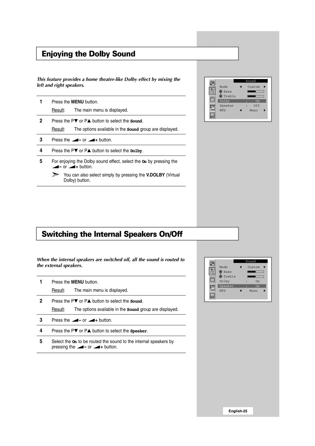 Samsung RS24ASSSW/XEU, RS24ASSSW/EDC, 241MP, RS24ASSOW/EDC Enjoying the Dolby Sound, Switching the Internal Speakers On/Off 