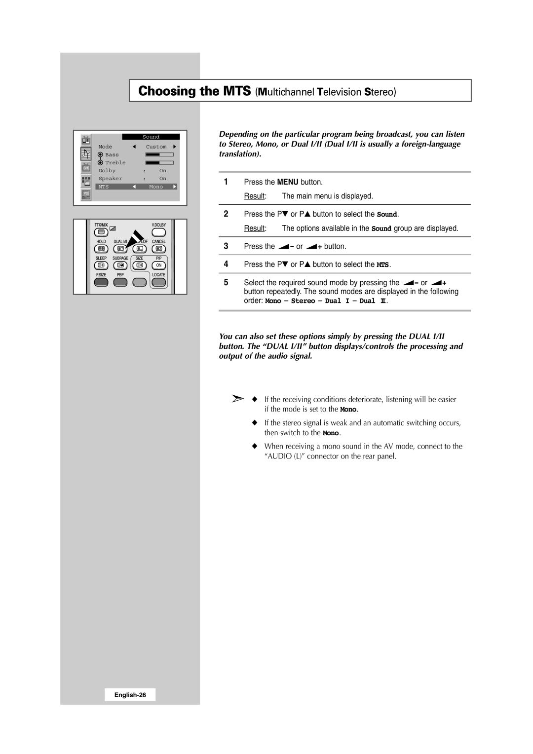 Samsung 241MP, RS24ASSSW/EDC, RS24ASSSW/XEU, RS24ASSOW/EDC manual Choosing the MTS Multichannel Television Stereo 