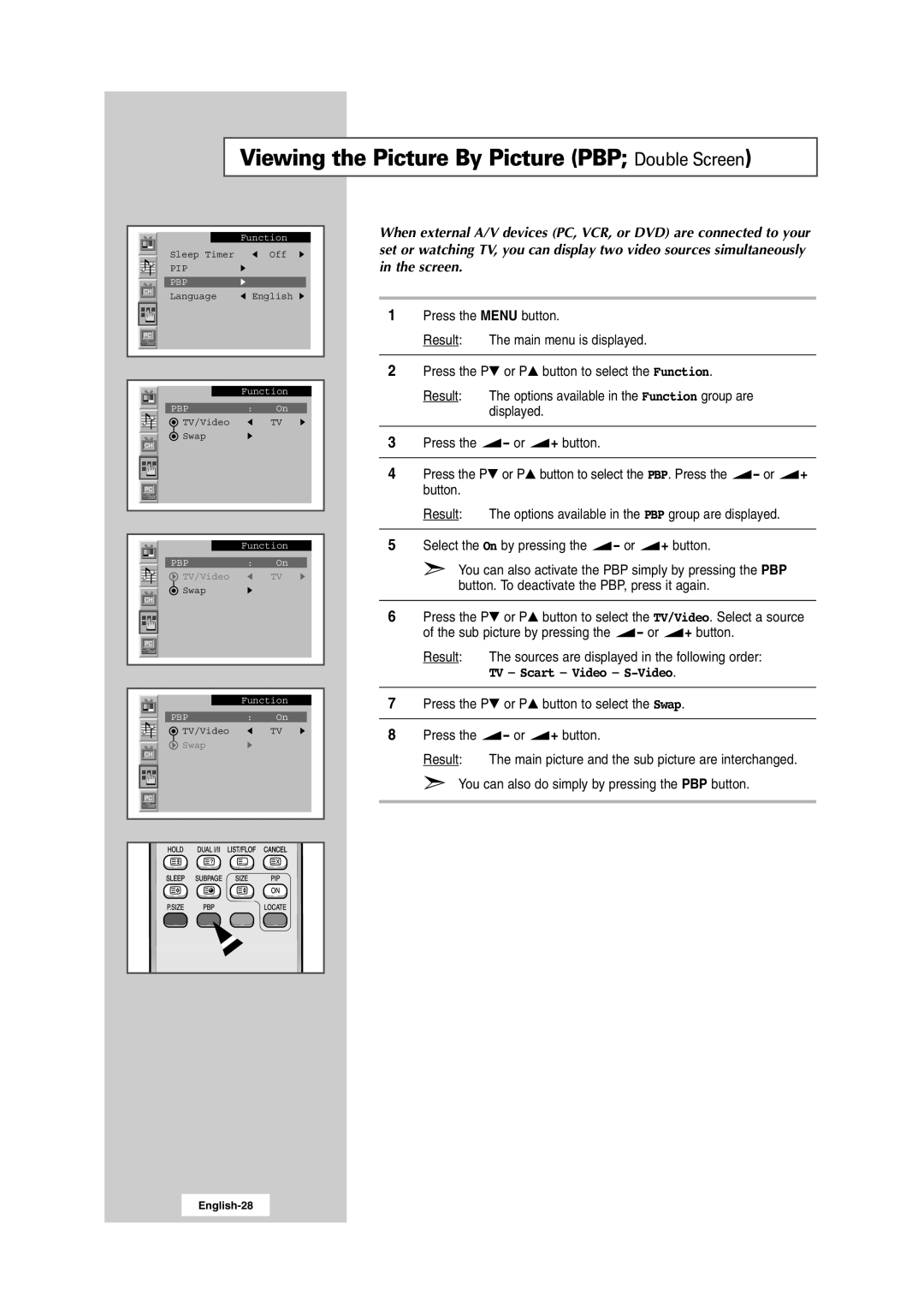 Samsung RS24ASSSW/EDC, RS24ASSSW/XEU, 241MP, RS24ASSOW/EDC manual Viewing the Picture By Picture PBP Double Screen, Swap 