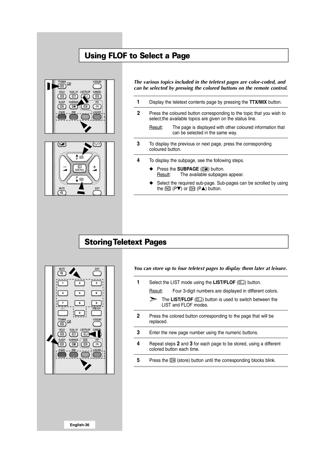 Samsung RS24ASSSW/EDC, RS24ASSSW/XEU, 241MP, RS24ASSOW/EDC manual Using Flof to Select a, StoringTeletext Pages 