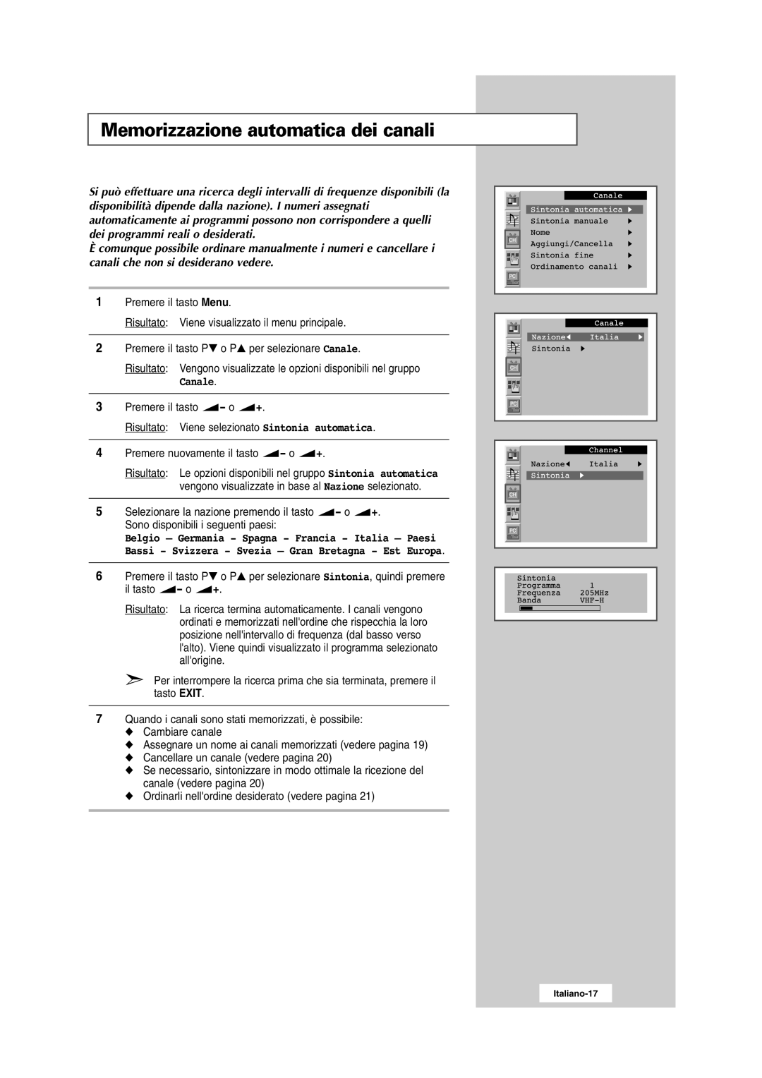 Samsung RS24ASSSW/XEU, RS24ASSSW/EDC manual Memorizzazione automatica dei canali, Canale 